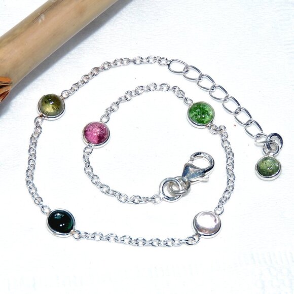 Tourmaline Gemstone Bracelets, 925 Sterling Silver, Bezel Multi Clour Tourmaline - Picture 6 of 7